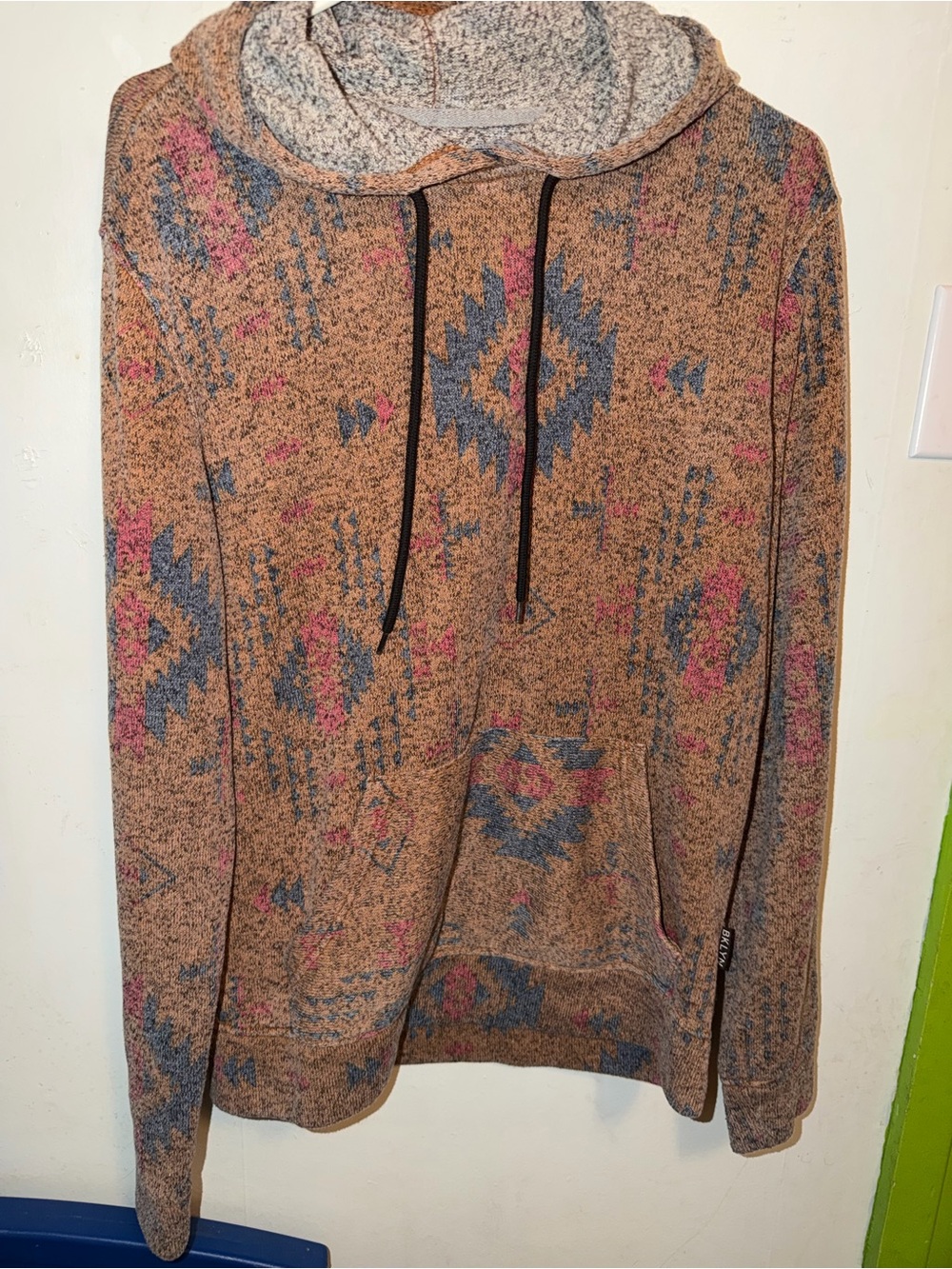 Brooklyn Cloth Tan Aztec Print Pullover Hoodie with Blue & Pink Accents